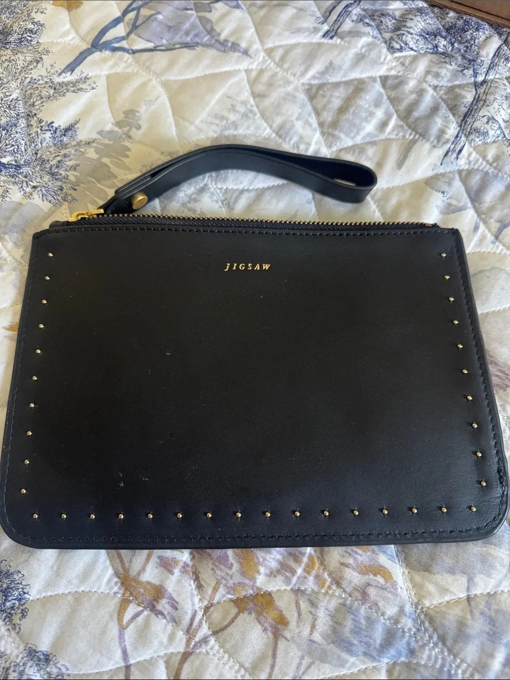 Jigsaw Black Leather Wristlet with Gold Studs Pouch